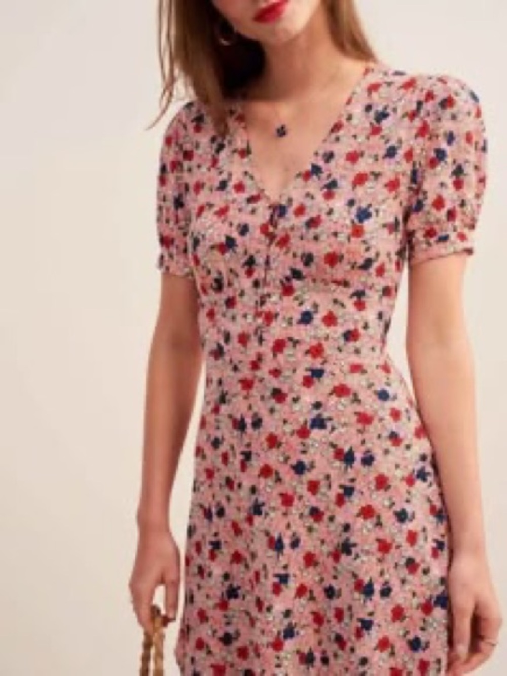 Rouje Pink Floral V-Neck Puff Sleeve Mini Dress